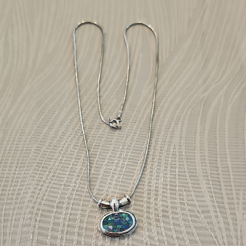 Sterling Silver Necklace with Blue Mosaic Pendant